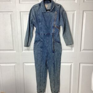 ASOS Denim Coverall Jumpsuit Size 8 Acid Wash Blue Asymmetrical Cross Front